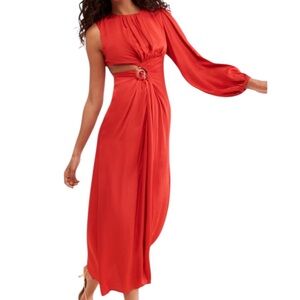 Farm Rio Red One Shoulder/Long Sleeve Maxi Dress Gold Detail Pleated Cut Out XS
